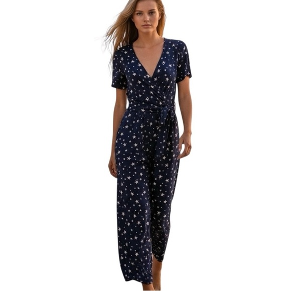 fig and olive Pants - Fig & Olive Celestial Star Wrap Jumpsuit Pockets Tie Waist Wide Leg Navy L NWT